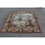 Aubusson-style tapestry wall hanging with 17th century-style hunting scene in trophy borders,