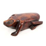 Rare 19th century primitive treen snuff box in the form of a frog, with hinged base,