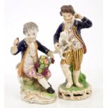 Two early 19th century Derby figures of boy playing with dog and ball and boy holding a basket of