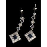 Pair Art Deco sapphire and diamond pendant earrings,