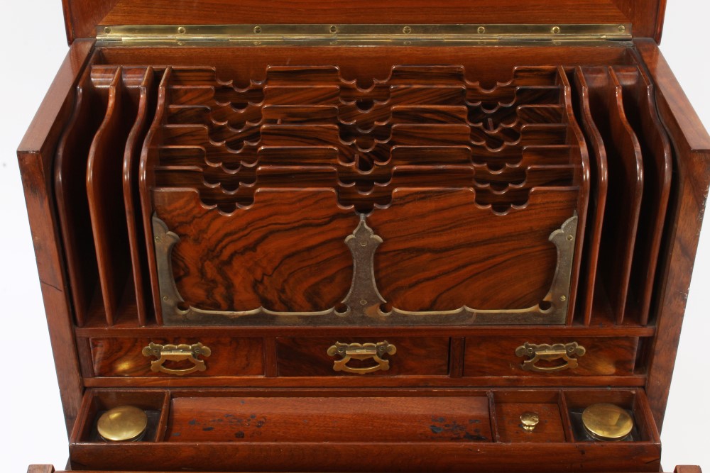 Good quality late 19th century walnut writing box with carved domed hinged cover and floral - Image 7 of 8