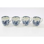 Four 18th century Worcester blue and white coffee cups with floral decoration - blue crescent marks