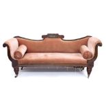 Good Regency rosewood and brass inlaid scroll-end settee with undulating back centred by tablet