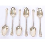 Six early / mid-18th century silver Hanoverian dessert spoons with same engraved monogram (various