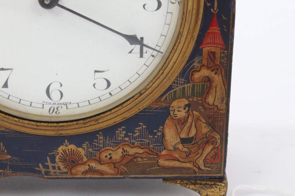 1920s French mantel timepiece with white enamel dial in dome-topped blue lacquer chinoiserie - Image 3 of 7