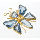 Gem set butterfly brooch with mixed cut blue stones in 18ct gold setting,