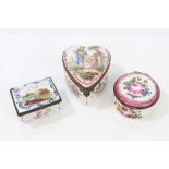 Two 18th century Staffordshire enamel snuff boxes with fishing scene and floral decoration and