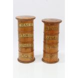 Two 19th century turned sycamore spice towers with engraved labels, the taller 20.