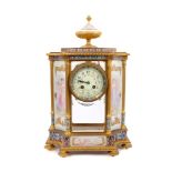 Good quality late 19th century French ormolu and champlevé enamel mantel clock with painted females