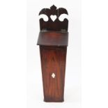 18th century inlaid mahogany wall hanging candle box with sloping missing lid and pierced