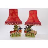 Pair Victorian Staffordshire spill vases converted to electric lamps,