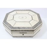 Early 19th century Anglo-Indian vizagapatam ivory and penwork workbox of elongated octagonal form,