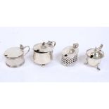 Four early 20th century silver mustard pots with blue glass liners, three hallmarked - Chester,