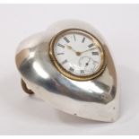 Late Victorian silver mounted desk clock with white inset pocket watch with enamel dial and gilt