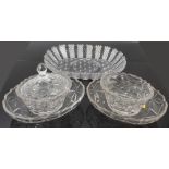 George IV cut glass oval dish with diamond cut decoration and pair George III cut glass butter tubs