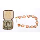 Carved shell cameo bracelet with gilt metal mounts and a pair of cultured pearl stud earrings