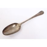 George II silver Hanoverian pattern tablespoon with engraved initials and dates on the stem,
