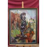 Mid-20th century oil on canvas - abstract statue, indistinctly signed, framed,