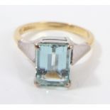 Aquamarine single stone ring, the rectangular step cut stone measuring approximately 10.20mm x 7.