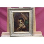 19th century Naive School oil on metal panel - a dog in a kennel, looking at pigeons, in gilt frame,