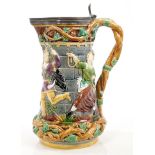 Victorian Minton Majolica tower jug with hinged pewter cover,