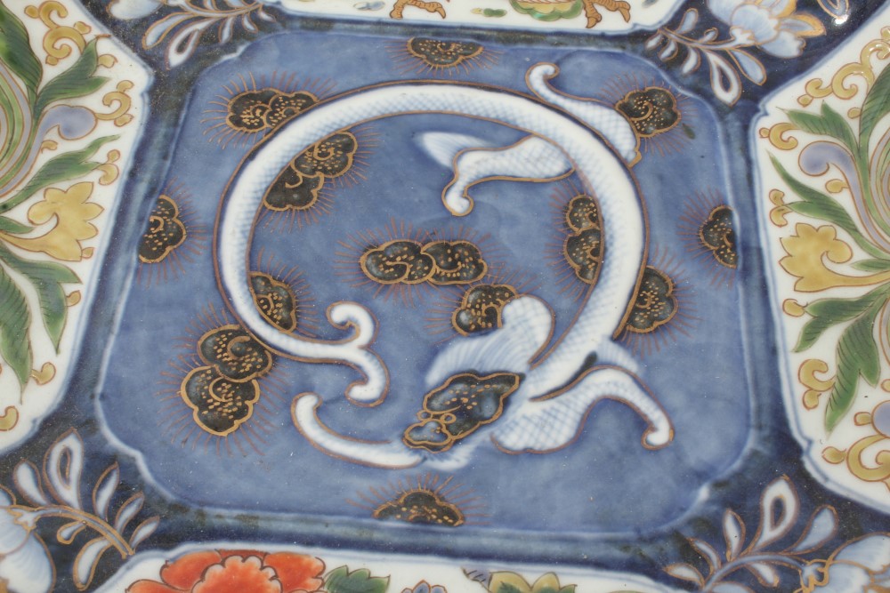 Late 19th century Japanese porcelain dish with raised polychrome decorated dragon, - Image 4 of 6