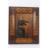 18th century walnut and marquetry inlaid cushion frame housing an oil on panel portrait of a