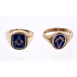 Two gentlemen's Masonic 9ct gold signet rings with secret revolving bezel revealing blue enamel and