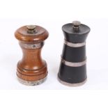 Edwardian silver mounted walnut pepper mill of capstan form, with Peugeot grinder (Birmingham 1907),