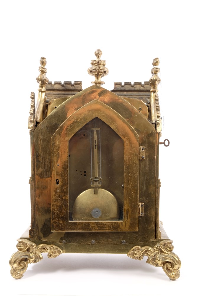 Early Victorian mantel clock in ornate gilt brass Gothic architectural case with brass dial, - Image 2 of 2