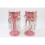 Pair impressive Victorian pink glass lustres with gilt and polychrome decoration and prismatic