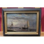 Late 19th century oil on board - shipping off the shore, signed with initials E.M.B.