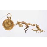 Late 19th century Swiss 18ct gold key-wind fob watch with floral engraved case, 40mm diameter,