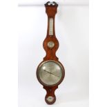 George III inlaid mahogany banjo-shaped barometer / thermometer with silvered dials and scale,