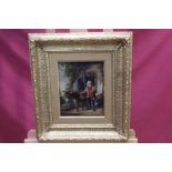 19th century English School oil on canvas - man and a donkey before a cottage, in gilt frame, 23.