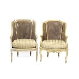 Near pair of 19th century French cream painted barrel back bergère chairs,