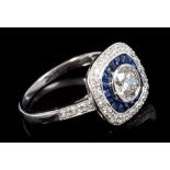 Diamond and sapphire ring, the central brilliant cut diamond estimated to weigh approximately 0.