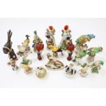 Collection 19th century Staffordshire pottery and Continental porcelain bird and parrot ornaments