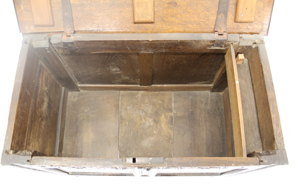 17th century oak coffer of small size, associated plank top with moulded edge, - Image 6 of 6