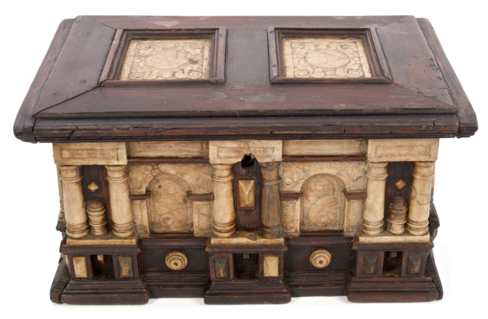 Early 17th century Malines ebonised wood and carved alabaster table cabinet,