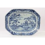 Late 18th century Chinese export blue and white ashet with painted buildings in Chinese landscape