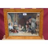 Victorian watercolour - interior scene, The Crofters Cottage, in glazed maple veneered frame,