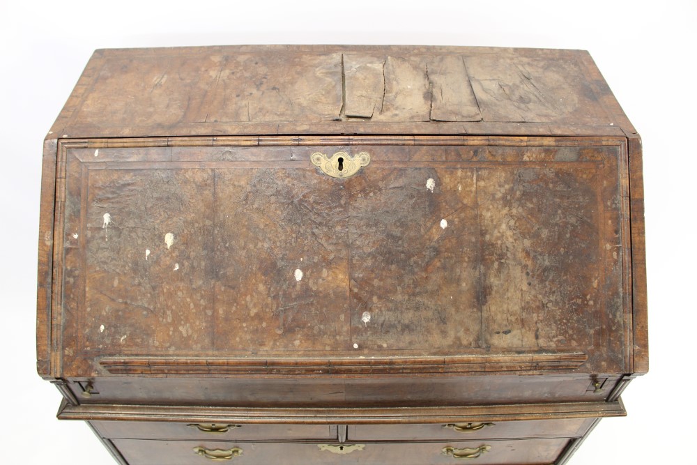 Early 18th century walnut crossbanded and feather-banded bureau with hinged fall enclosing a fitted - Image 2 of 6