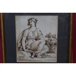 18th century Italian School ink and watercolour - seated female grape gatherer,