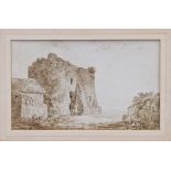 Michael Angelo Rooker (1743 - 1801), sepia watercolour - castle ruins, signed, in glazed gilt frame,