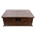 Good 17th century carved oak bible box with plank top and early iron lock,