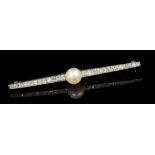 Edwardian pearl and diamond bar brooch with a 7.