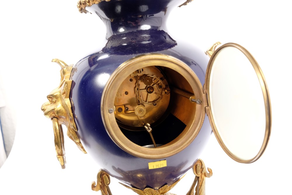 Late 19th century French Louis XV revival mantel clock with blue porcelain urn and ornate ormolu - Image 2 of 2