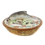 Victorian George Jones Majolica sardine dish and cover with fish and seaweed decoration to the