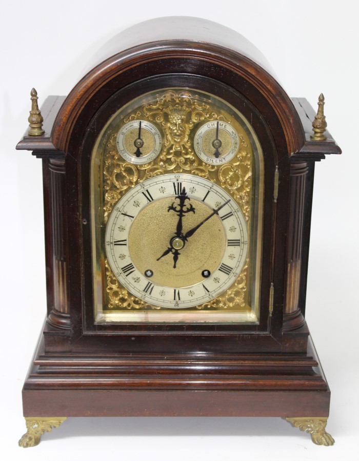 Late Victorian bracket clock with gilt and silvered arched dial with chime-silent and slow / fast